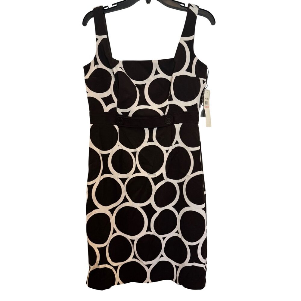 London Times Sleeveless Circle Print Dress Women Size 10 Brown/White Sheath Grap